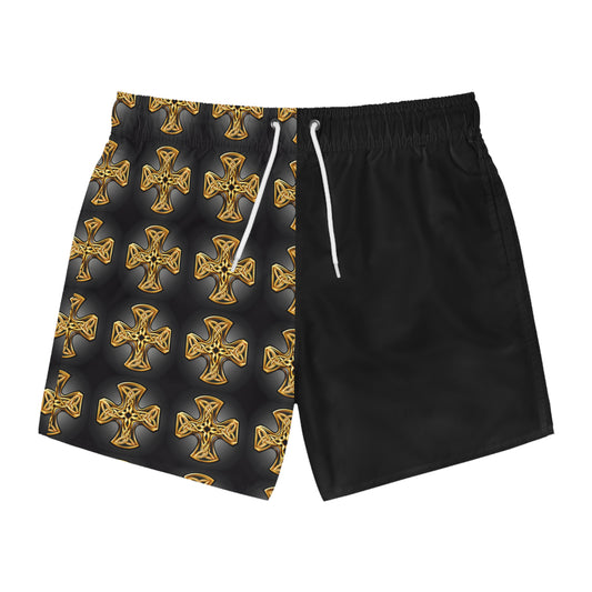 Men's Black Swim Trunks with Gold Crossed Design