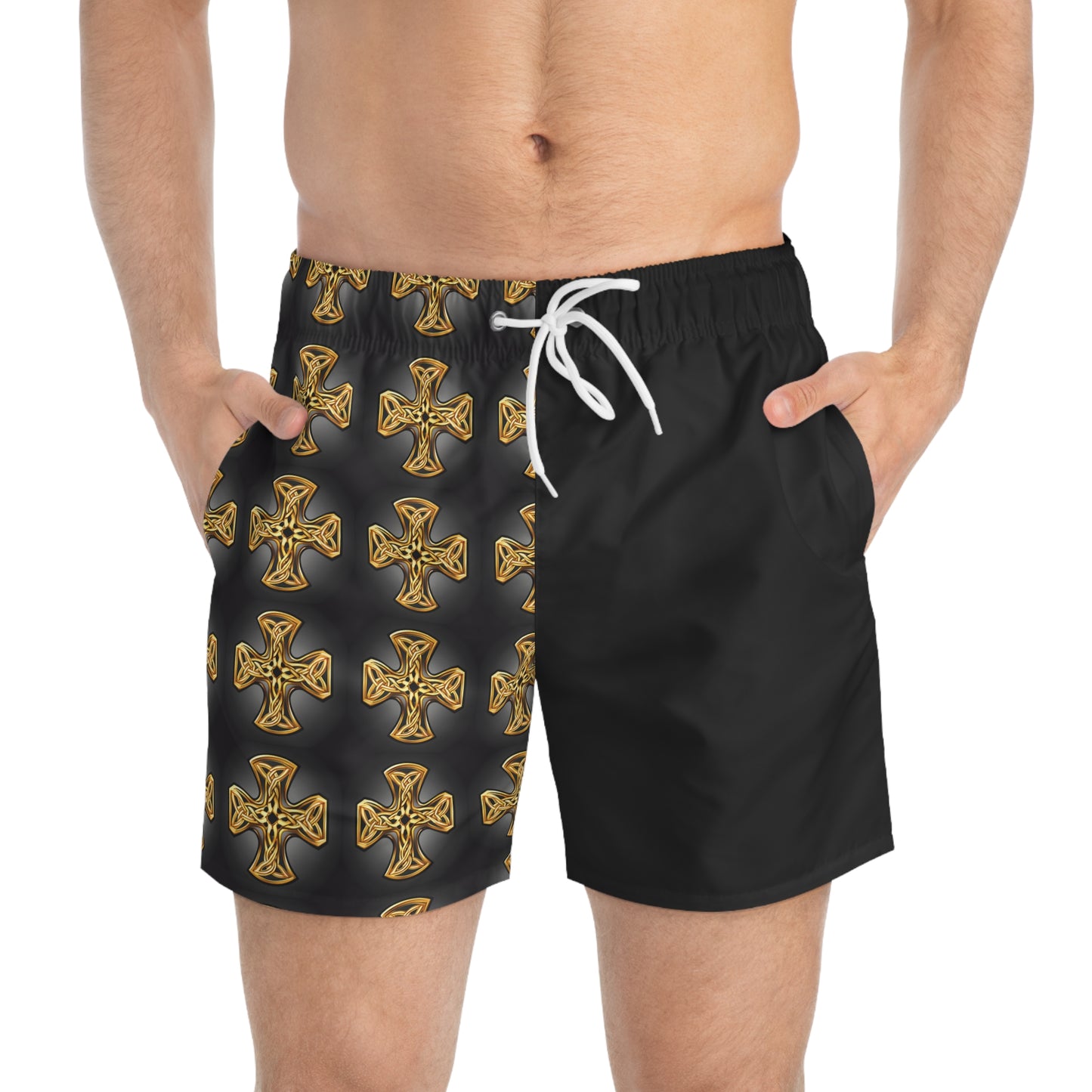 Men's Black Swim Trunks with Gold Crossed Design