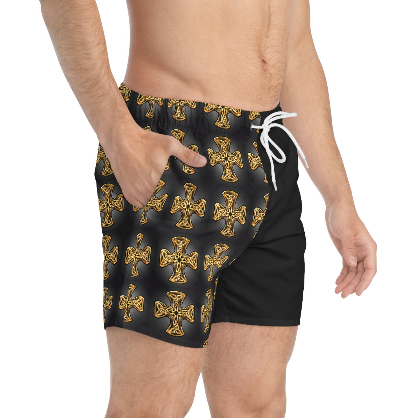 Men's Black Swim Trunks with Gold Crossed Design